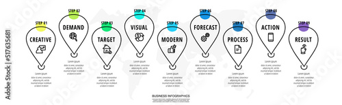 Hand-drawn vector infographic. Template with point map, icons. Use for your design, presentation, diagram. Thin line illustration with nine steps