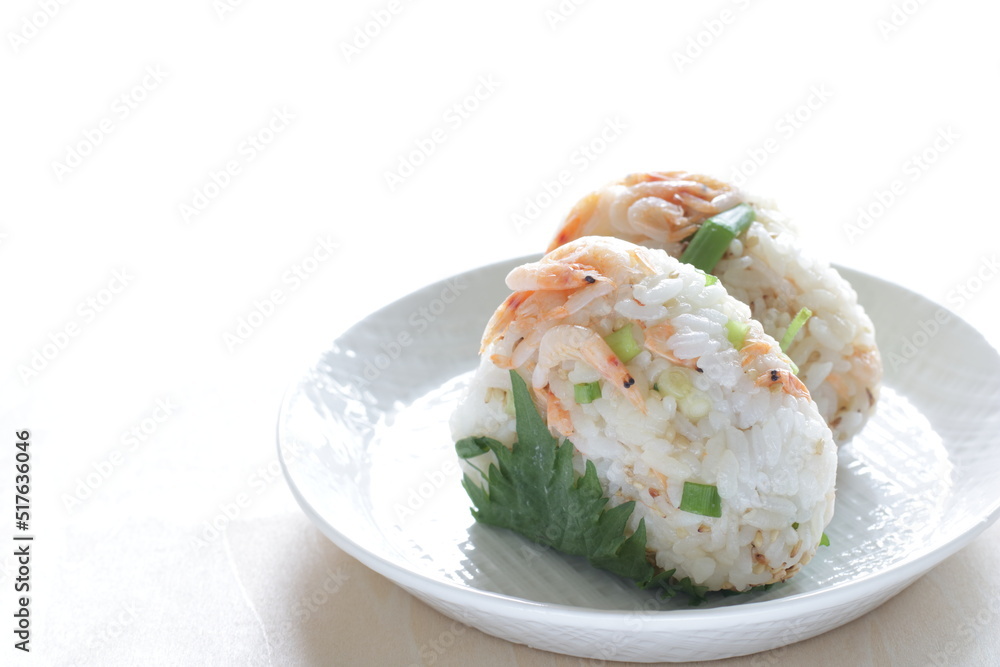 Homemade Japanese shrimp and Shiso herbal rice ball Homemade Japanese shrimp and Shiso herbal rice ball