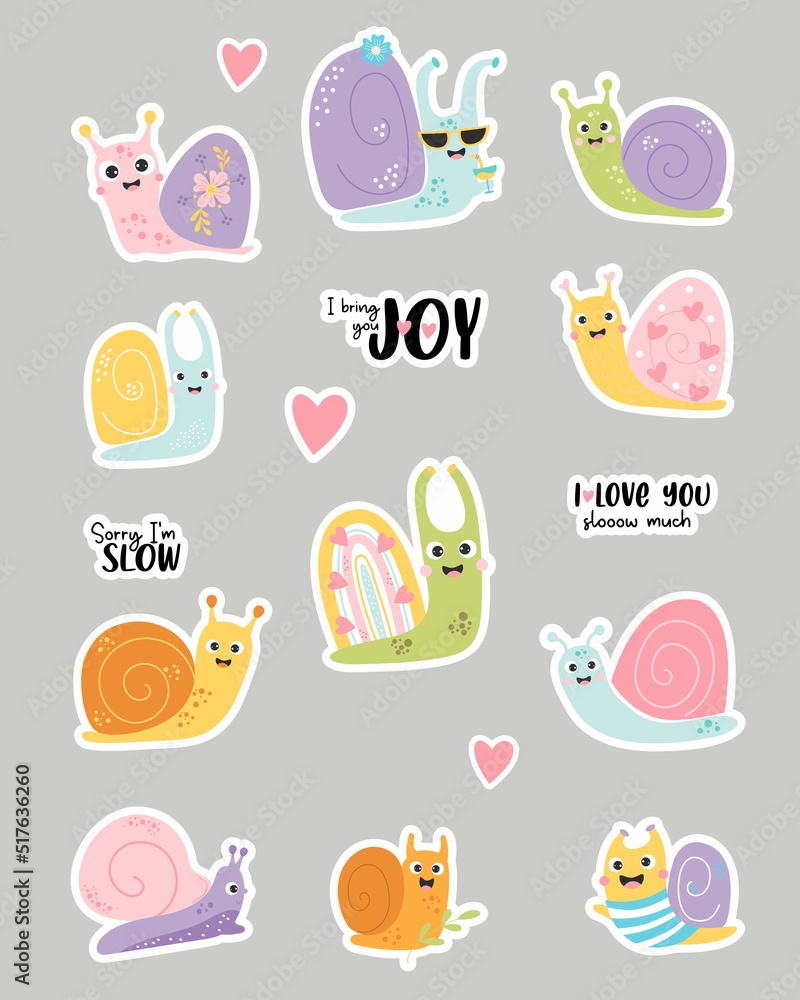 Set of vector stickers with cute snails and phrases. Funny insect characters snail sailor and in sun glasses with cocktail, with rainbow shell and hearts. Isolated elements for design, decor and print