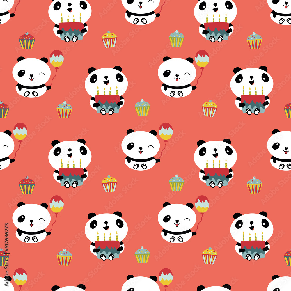 Kawaii panda Happy Birthday vector seamless pattern background. Cute backdrop with laughing cartoon bears holding cakes, balloons, cupcakes. Bright gender neutral repeat for baby and kids birthday