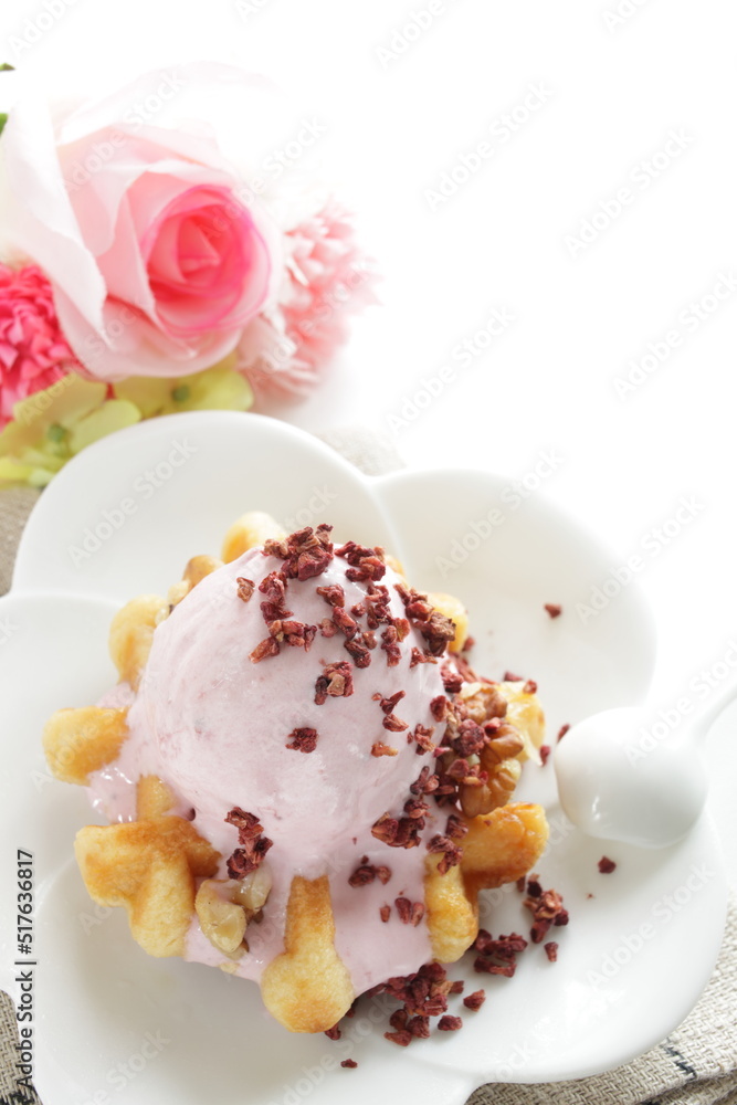 Strawberry ice-cream on Belgium waffle for dessert image Strawberry ice-cream on Belgium waffle for dessert image