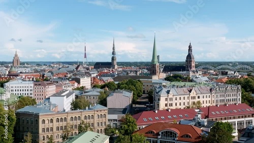 Beautiful aerial Riga center view. Old town of Riga on a summer day with Domes cathedral in the middle of the old town.
