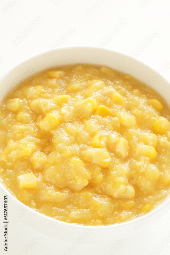 Sweetcorn paste in white bowl for cooking image Sweetcorn paste in white bowl for cooking image