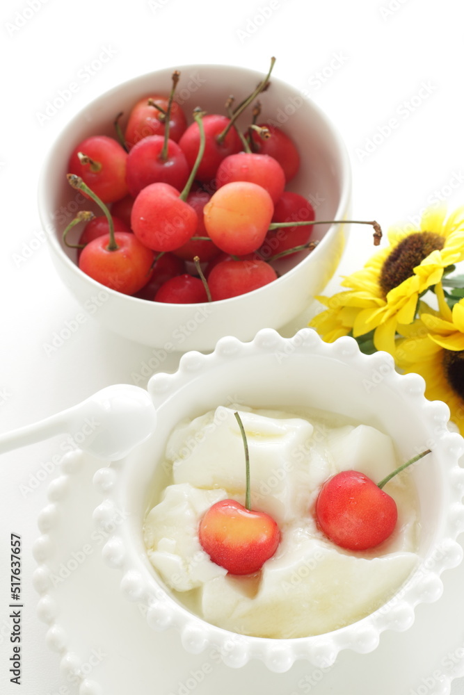 Cherry and Chinese Almond tofu with honey syrup for gourmet dessert Cherry and Chinese Almond tofu with honey syrup for gourmet dessert