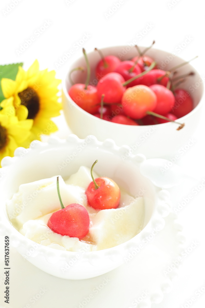 Cherry and Chinese Almond tofu with honey syrup for gourmet dessert Cherry and Chinese Almond tofu with honey syrup for gourmet dessert
