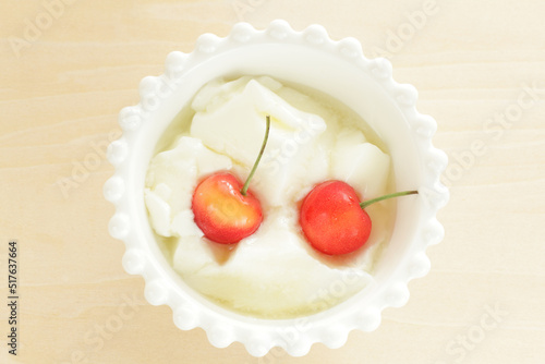 Cherry and Chinese Almond tofu with honey syrup for gourmet dessert