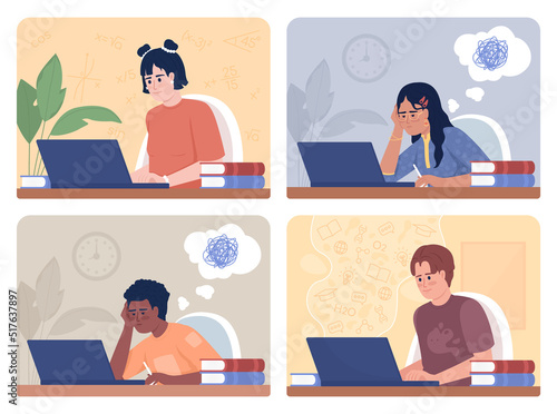 Studying at home 2D vector isolated illustration set. Students with laptop flat characters on cartoon background. Self study. Colourful editable scene collection for mobile, website, presentation