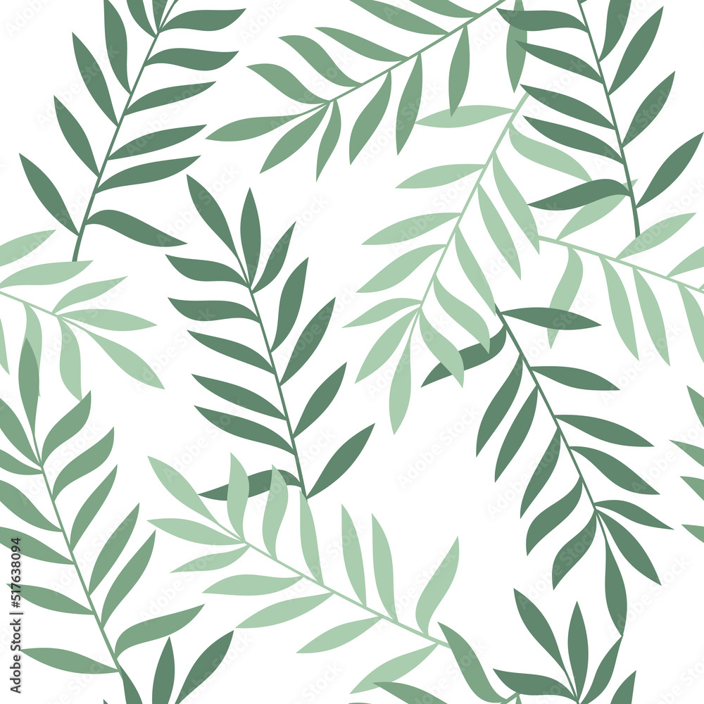 Obraz premium Summer leaves seamless pattern vector. Abstract branches floral illustration. Flat leaves backdrop. Wallpaper, background, fabric, textile, print, wrapping paper or package design.