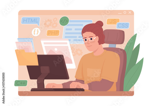 Web designer makes portfolio 2D vector isolated illustration. Remote work flat character on cartoon background. Colourful editable scene for mobile, website, presentation. Comfortaa font used