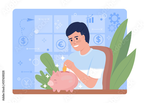 Saving money 2D vector isolated illustration. Man put coins in piggy bank flat character on cartoon background. Finance colourful editable scene for mobile, website, presentation. Quicksand font used