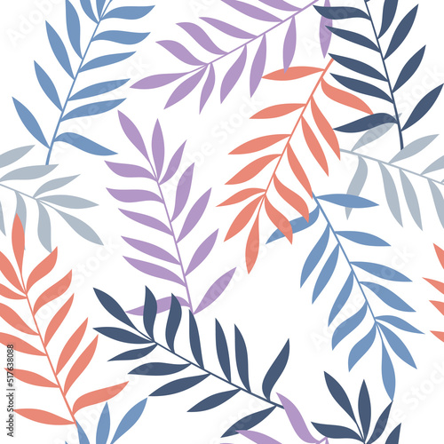 Flat colorful leaves seamless pattern vector. Abstract branches floral backdrop illustration. Wallpaper, background, fabric, textile, print, wrapping paper or package design.