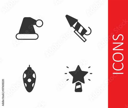 Set Christmas star, Santa Claus hat, toy and Firework rocket icon. Vector