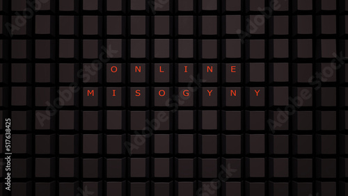 Online Misogyny Concept Illuminated Orange Keys on a Black Keyboard Grid Wall Spelling the Word Misogyny 3d illustration render