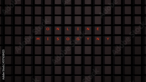 Online Misogyny Concept Illuminated Orange Keys on a Black Keyboard Grid Wall Spelling the Word Misogyny 3d illustration render photo