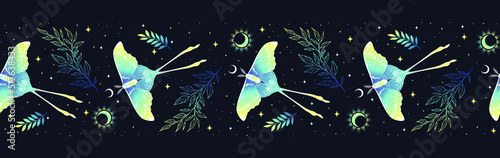 Seamless vector border with moon, herbs, stars and butterflies. Decorative ornament. Graphic pattern for astrology, esoteric, tarot, mystic and magic. 