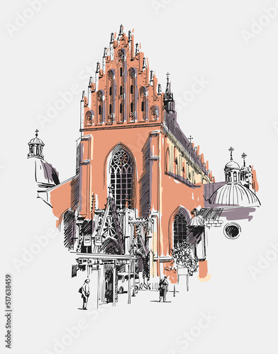 Original sketch drawing of old medieval church in Krakow, Poland.