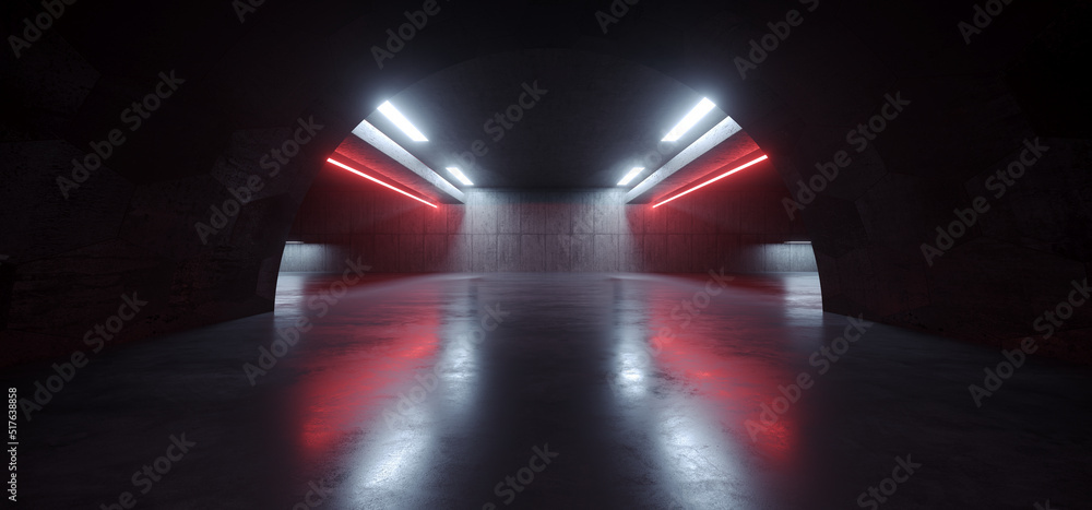 Fototapeta premium Oval Sci Fi Futuristic Underground Tunnel Red Neon Glowing Parking Grunge Basement Hangar Showroom Garage Concrete Asphalt Hallway Warehouse 3D Rendering