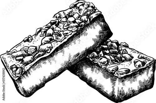 hand drawn illustration of a chocolate brownie. Black and white ink sketch cookie, cake, sweet desert menu
stack Of Freshly Baked Brownies. 