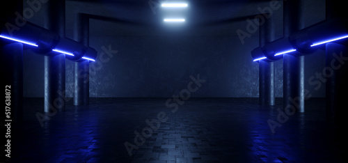 Futuristic Sci Fi Concrete Grunge Garage Hallway Hangar Basement Showroom Parking Stage Tunnel Corridor Cyber Glowing Light Strips Dark 3D Rendering