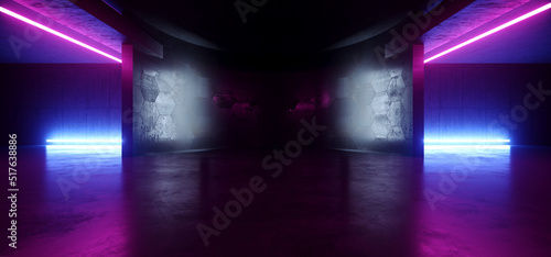 Futuristic Sci Fi Concrete Grunge Garage Underground Hangar Basement Showroom Parking Stage Tunnel Corridor Cyber Glowing Neon Strips Dark 3D Rendering