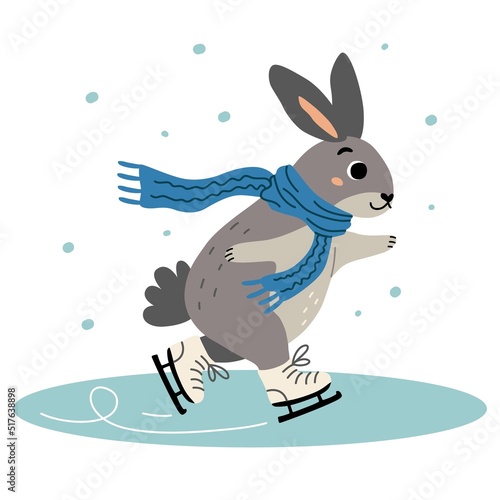 Cute bunny ice skating. Vector illustration of winter rabbit.