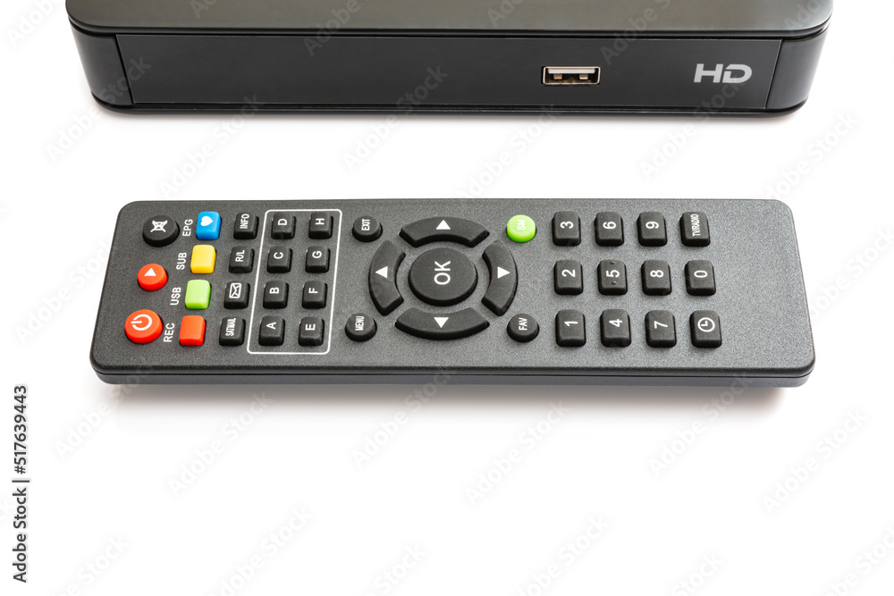 Close-up, Remote control of satellite isolated on white background with clipping path. Selective focus. Close-up, Remote control of satellite isolated on white background with clipping path. Selective focus.