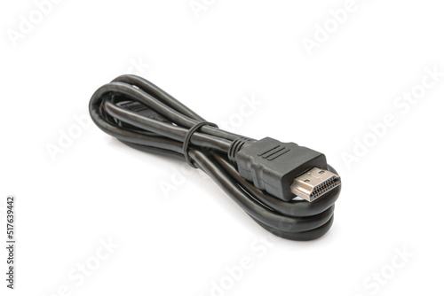 Close-up, HDMI Cable of satellite isolated on white background with clipping path. Selective focus.