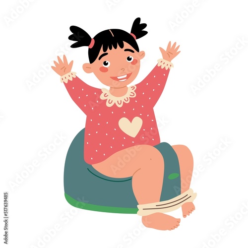 Cute happy girl sitting on the potty. Potty training. Vector illustration.