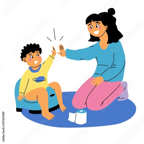 Mom praising baby boy using potty. Potty training vector illustration.