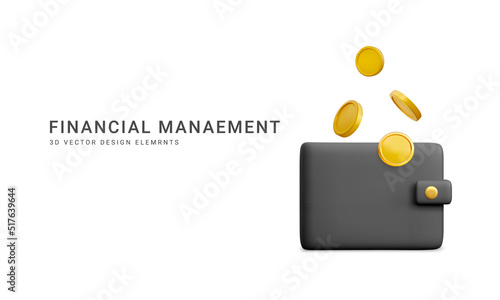 3D realistic vector wallet isolate on white background. Online payment and 3d money saving concept. 3d wallet with flying  coin render for business, bank, finance, investment