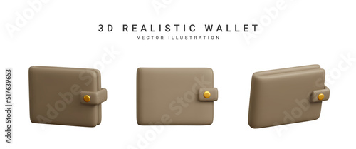 3d wallet collection in cartoon realistic style isolated on white background. Vector illustration