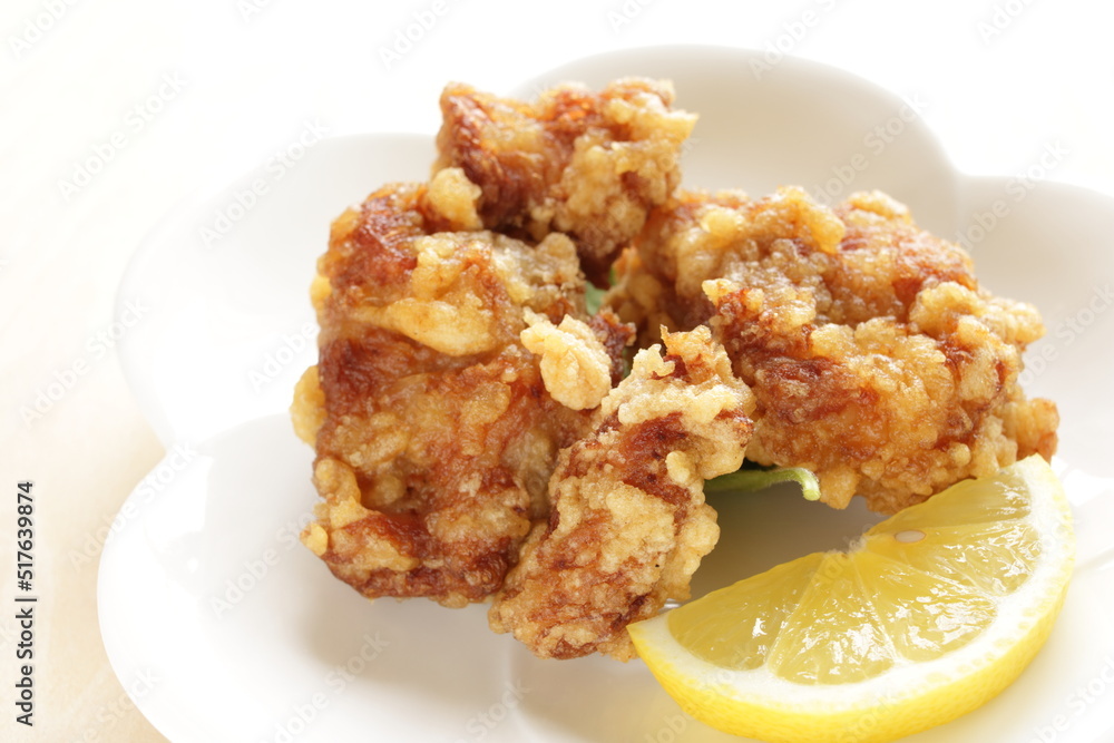 Homemade Japanese style fried chicken served with herbal Shiso Homemade Japanese style fried chicken served with herbal Shiso