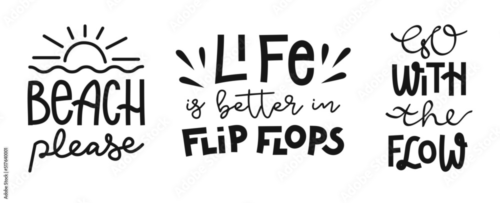 Set of hand drawn lettering compositions about beach and summer. Funny vector season slogans. Isolated calligraphy quotes for travel agency, beach party. Set of hand drawn lettering compositions about beach and summer. Funny vector season slogans. Isolated calligraphy quotes for travel agency, beach party.