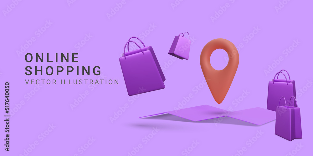Online shopping banner with gift bags and location your store. 3d realistic vector illustration Online shopping banner with gift bags and location your store. 3d realistic vector illustration
