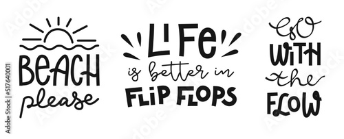 Set of hand drawn lettering compositions about beach and summer. Funny vector season slogans. Isolated calligraphy quotes for travel agency, beach party.