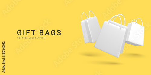 Banner for online shopping with 3d realistic gift bags. Vector illustration