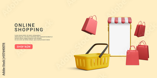 Store banner with phone, product cart, gift bags. 3d realistic vector illustration