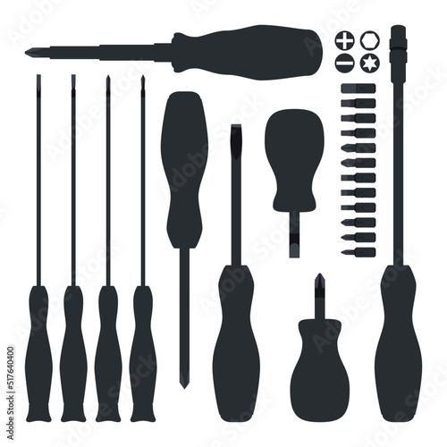 Screwdriver Set. Tools for Repair, Vector Illustration. Screwdriver Silhouette Set of Different Types