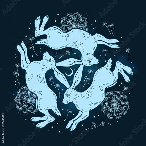 Three hares with three ears medieval magic symbol of fertility isolated. Sticker, print or tattoo design vector illustration. Pagan totem, wiccan familiar spirit art