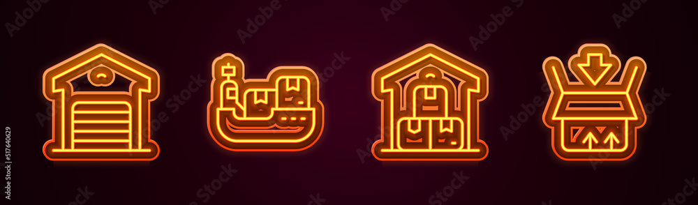 Set line Warehouse, Cargo ship with boxes delivery, Full warehouse and Carton cardboard. Glowing neon icon. Vector Set line Warehouse, Cargo ship with boxes delivery, Full warehouse and Carton cardboard. Glowing neon icon. Vector