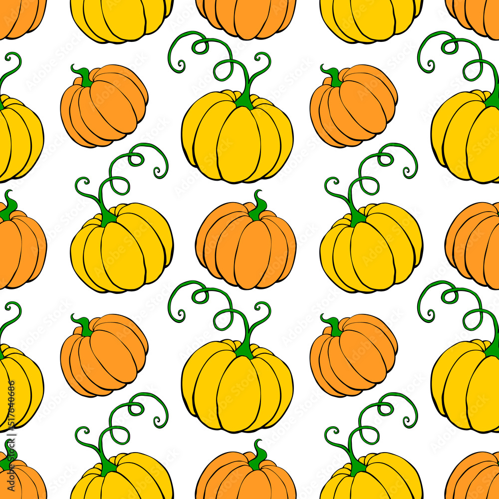 Vector seamless pattern with outline pumpkins in doodle style. Halloween or thanksgiving background and texture