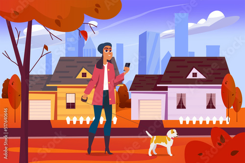 Autumn city park background in flat cartoon design. Wallpaper with cityscape of woman walks with dog along street with cozy houses and fall trees. Vector illustration for poster or banner template