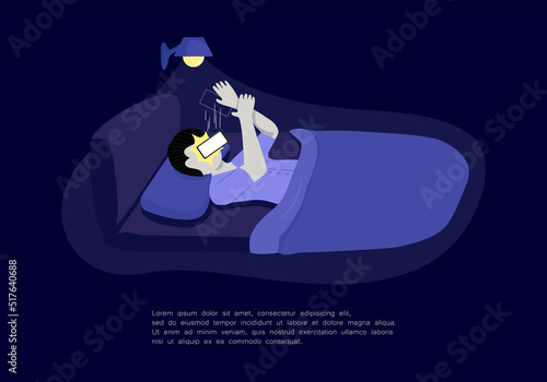 Scrolling on the phone during lying in bed. When you are tired and sleepy at night but continue to use your smartphone. The mobile dropped on the face. Internet addiction and bad sleeping habits.