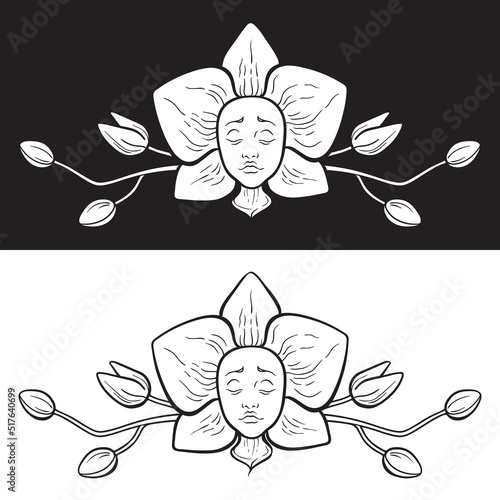 Gothic magic orchid flower with face hand drawn line art gothic tattoo design isolated vector illustration