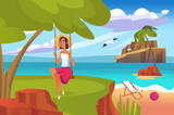 Summer landscape background in flat cartoon design. Wallpaper with happy woman rides on swing and relaxing overlooking sea coast, beach and mountains. Vector illustration for poster or banner template