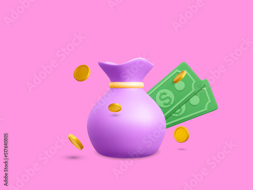 Money bag with falling gold coins and green currency in cartoon style. 3d realistic money object for poster or banner. Vector illustration