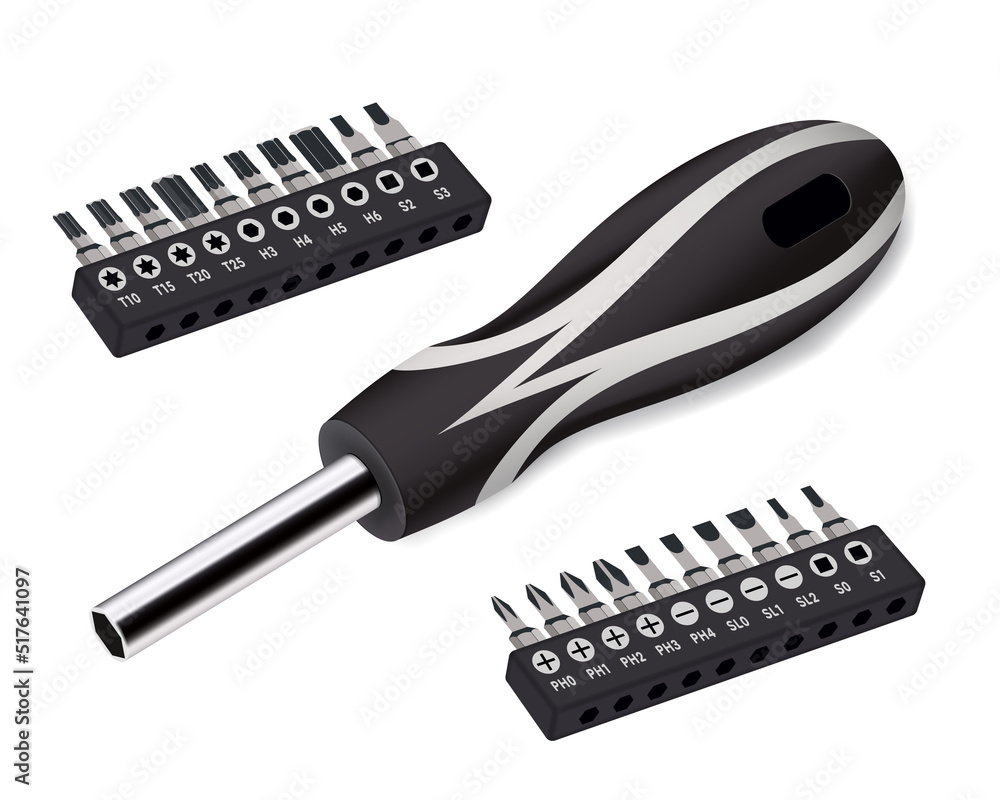 Vector Screwdriver with Magnetic Tip. Bit Set of Different Types. Close Up Vector Screwdriver with Magnetic Tip. Bit Set of Different Types. Close Up