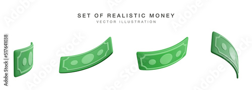 Realistic banknote currency in cartoon style. 3D green paper dollars. Set of twisted money. Vector illustration