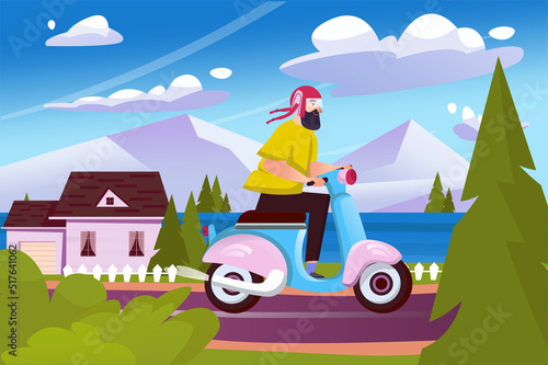 Summer landscape background in flat cartoon design. Wallpaper with man in helmet rides moped on road with suburb houses, trees, lake and mountains. Vector illustration for poster or banner template