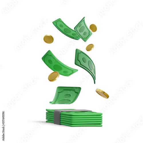 Green currency stack and falling gold coins in cartoon style. 3d realistic money object for poster or banner. Vector illustration